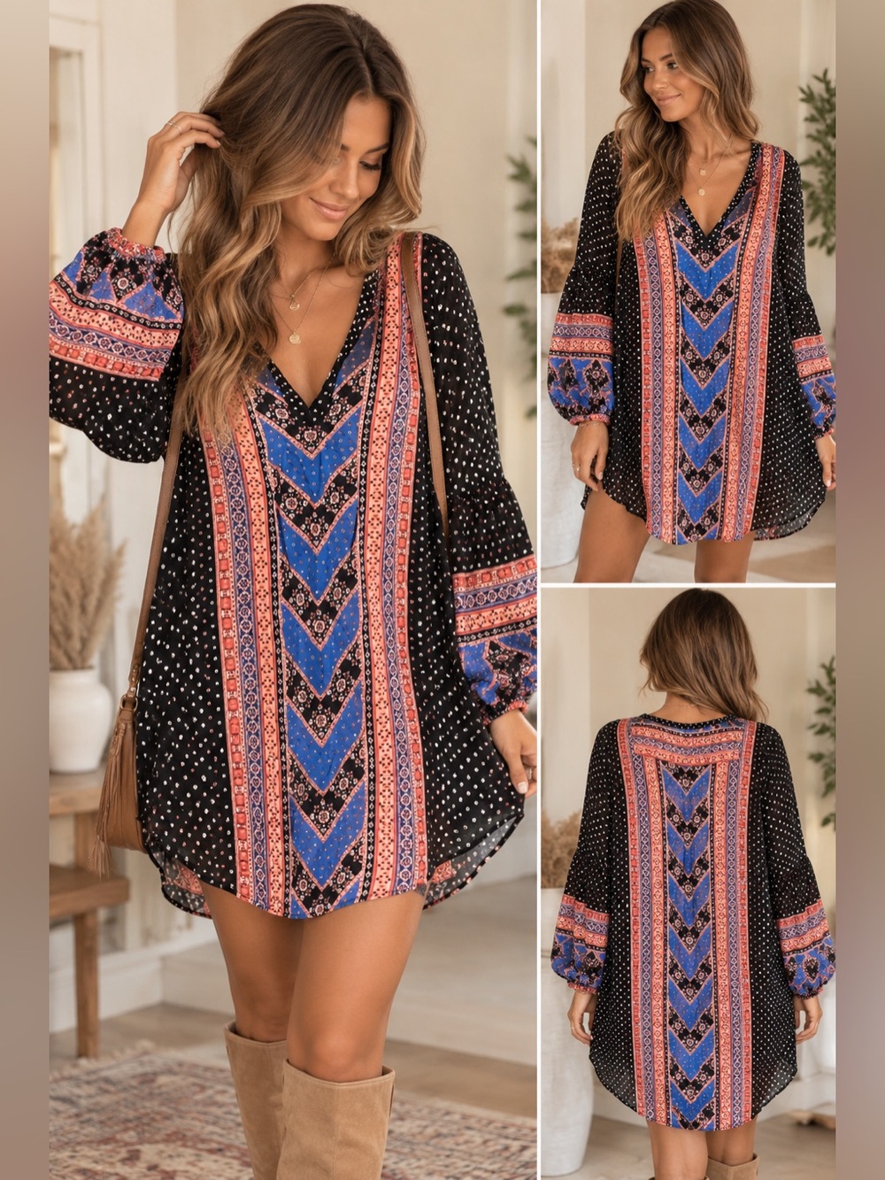 Free People Black Tunic Dress with Blue & Coral Pattern